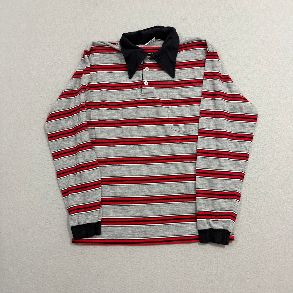 Vintage Montgomery Ward Polo Shirt Mens Large Gray Red Striped Long Sleeve 70s